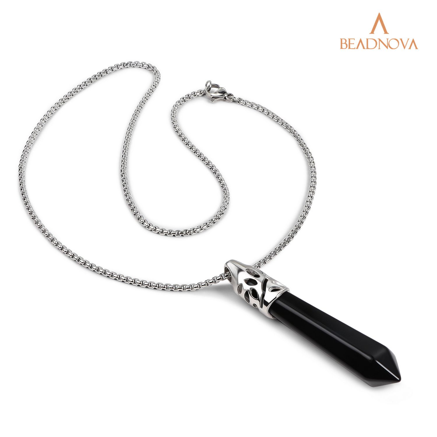 Beadnova Healing Crystal Necklace For Women Men Black Onyx Crystal Pendant Energy Healing Gemstones Jewelry Pendulum Crystal Divination Hexagonal 18 Inches Stainless Steel Chain Beadnova