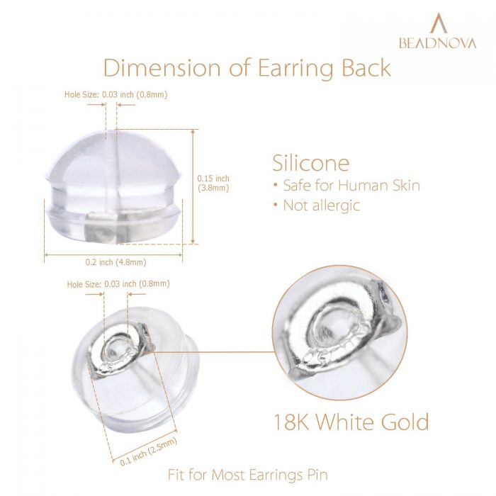 BEADNOVA 18K White Gold Earring Backs Soft Clear Silicone Padded ...