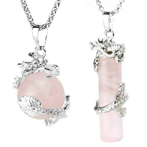 Dragon wrapped ball and cylinder rose quartz necklaces