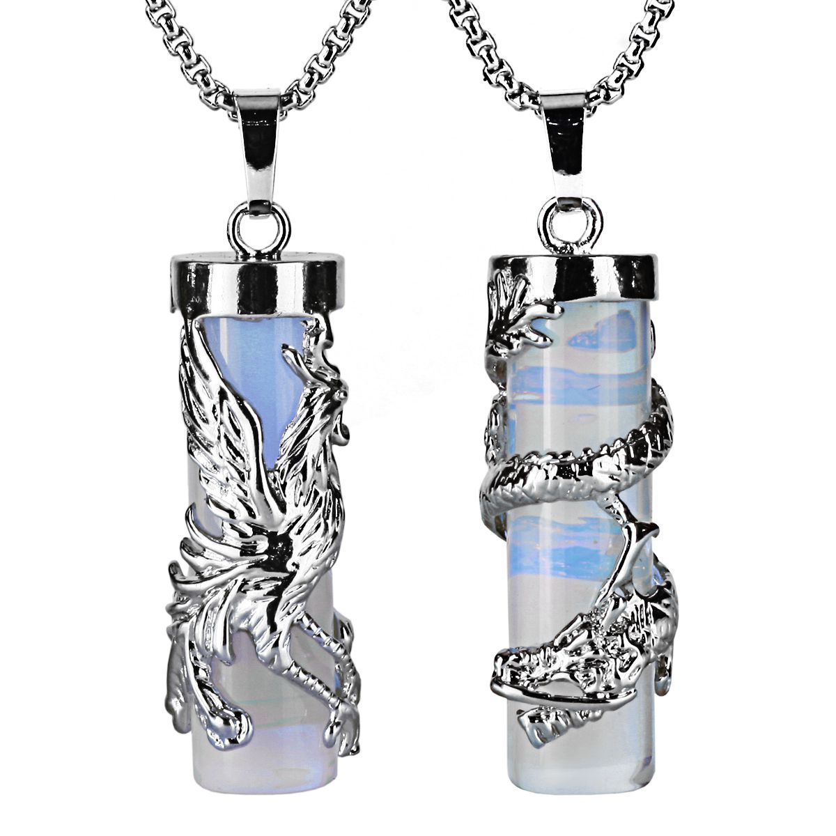 Dragon & Phoenix Crystal Couple Necklaces Set | Yin Yang Healing Stone Pendants With Chains For Him & Her