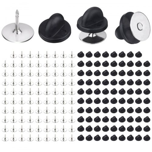 BEADNOVA 100 Pairs Pin Backs Enamel Pin Backs Tie Tacks Blank Pins With Rubber Pin Backs for Lapel Pins (Silver Black, 100 Sets)