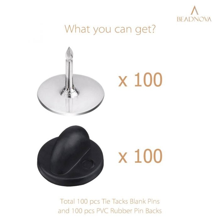 BEADNOVA 100 Pairs Pin Backs Enamel Pin Backs Tie Tacks Blank Pins With Rubber Pin Backs for Lapel Pins (Silver Black, 100 Sets)