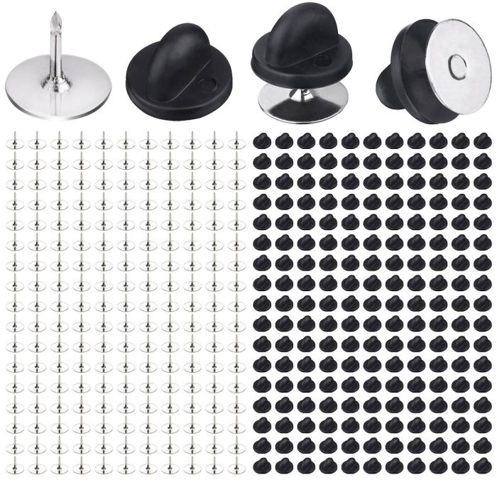 BEADNOVA 200 Pairs Pin Back Lapel Pin Backs Tie Tacks Blank Pins With Rubber Dammits Pin Backs (Silver Black, 200 Sets)