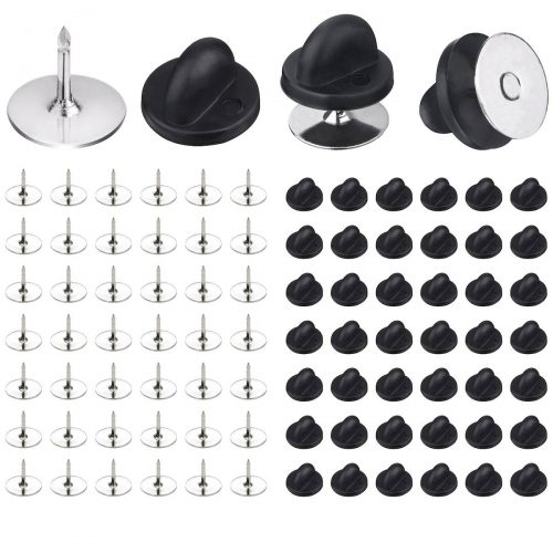 BEADNOVA 50 Pairs Pin Backings Tie Tacks Blank Pins With Rubber Pin Backings Pin Backs for Crafts (Silver Black, 50 Sets)