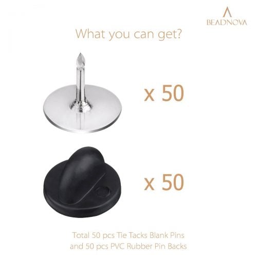 BEADNOVA 50 Pairs Pin Backings Tie Tacks Blank Pins With Rubber Pin Backings Pin Backs for Crafts (Silver Black, 50 Sets)