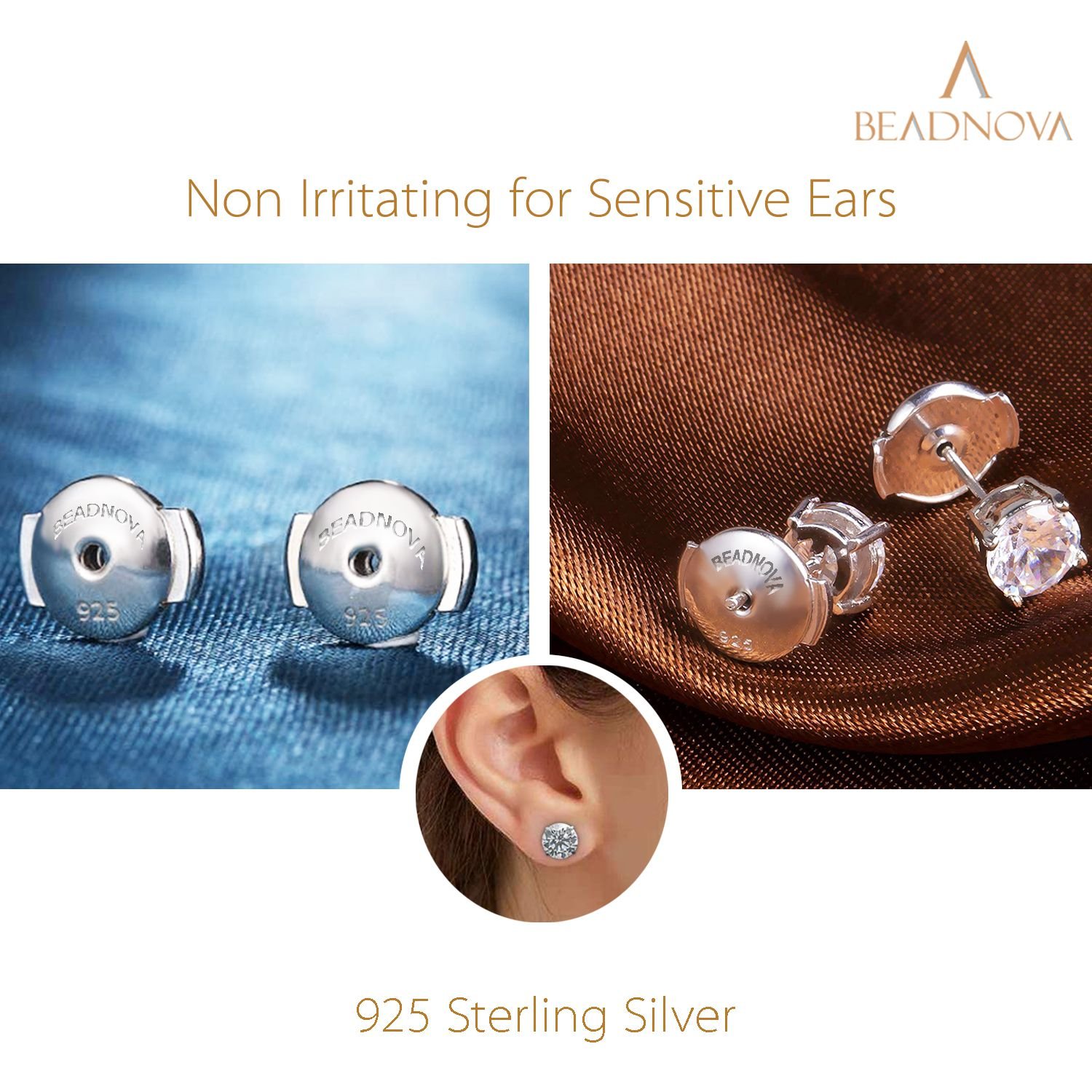 BEADNOVA Locking Earring Backs 925 Sterling Silver Secure Earring Backs  Locking Earring Backs for Studs Secure Replacement (2pcs) - Beadnova