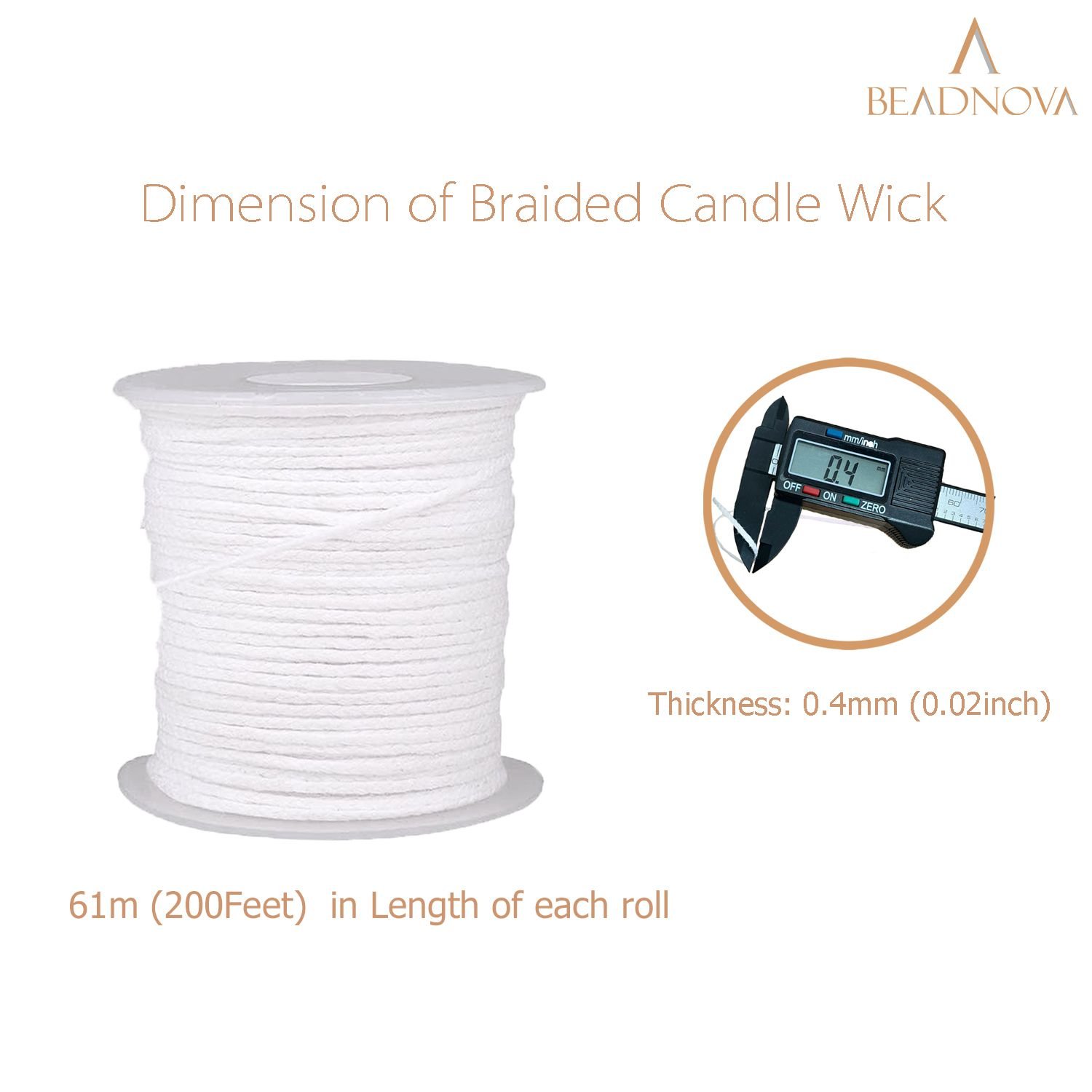 BEADNOVA Braided Candle Wick Spool 200 ft Cotton Candle Wick Roll Core  Braided Wick for Candle Making and Candle DIY (61m/67yard/200 Foot) -  Beadnova