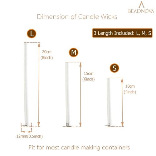 BEADNOVA Cotton Candle Wicks with Wooden Candle Wick Holders Bar for Candle Making Supplies Making Kit (4, 6, 8 Inch, 150pcs Wicks+ 50pcs Holders)