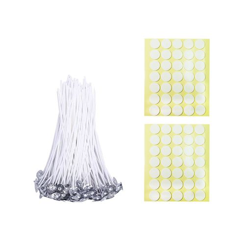 BEADNOVA Candle Cotton Wicks with Double Sided Candle Wick Stickers for Short Candle Making Supplies(4 Inch, 50pcs)