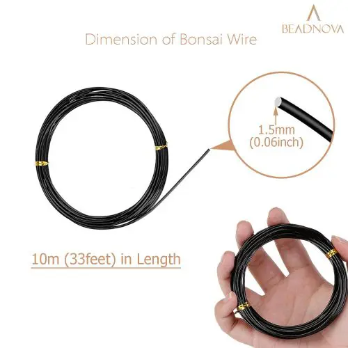 BEADNOVA Bonsai Training Wire 33 Feet Black Plant Training Wire Aluminum Bonsai Tree Wire for Bonsai Plant Training (Black, 1.5mm, 30m)