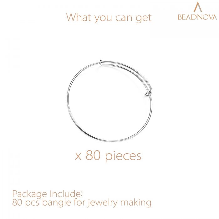 BEADNOVA Bangle Bracelets 80 Pcs Silver Bracelet Making Supplies Charm Bangle Bracelets for Jewelry Making DIY Craft (Silver, 80pcs)