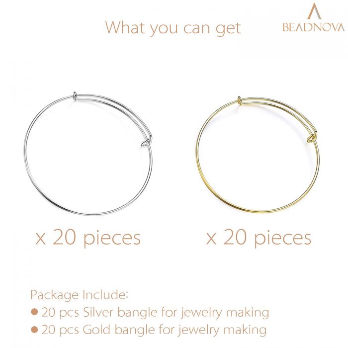 BEADNOVA Bangles for Jewelry Making 40 Pcs Expandable Bangle Bracelet Charm Bracelets for Jewelry Making DIY Bracelet (Gold and Silver, 40pcs)