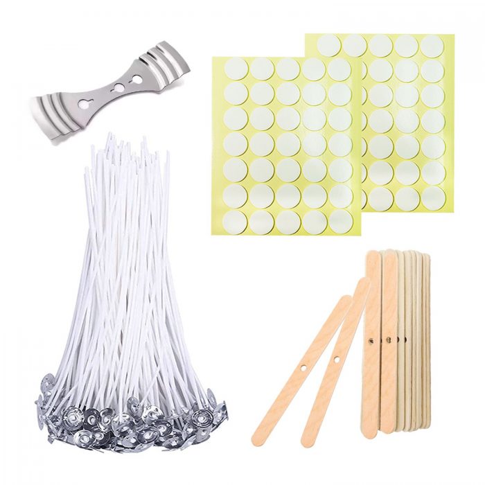 BEADNOVA Candle Wicks Set 50 Pcs 6 Inch Candle String Cotton Wicks with 21 Pcs Wooden and Metal Candle Wick Holders 70 Pcs Candle Wick Stickers for Candle Making Supplies DIY