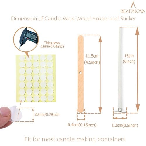 BEADNOVA Candle Wicks Set 50 Pcs 6 Inch Candle String Cotton Wicks with 21 Pcs Wooden and Metal Candle Wick Holders 70 Pcs Candle Wick Stickers for Candle Making Supplies DIY