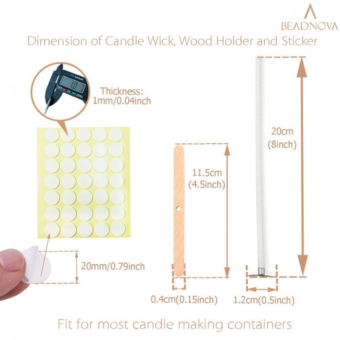 BEADNOVA Candle Wicks Set 50 Pcs 8 Inch Large Cotton Candle Wicks with 21 Pcs Wood and Metal Candle Wick Centering Decive 70 Pcs Candle Wick Stickers for Candle Making Supplies DIY