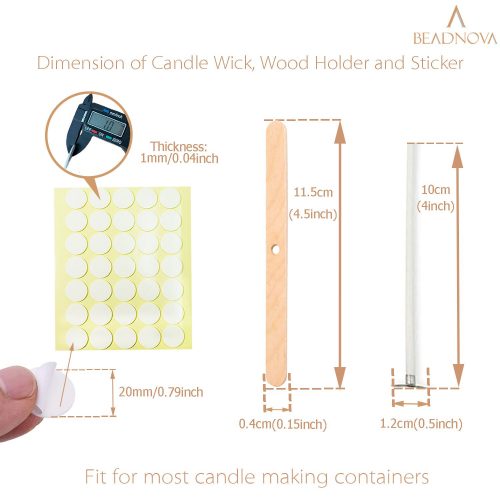 BEADNOVA Candle Wicks Set 100 Pcs 4 Inch Candle Cotton Wicks with 21 Pcs Wooden and Metal Candle Wick Centering Tool 105 Pcs Candle Wick Stickers for Candle Making Supplies DIY