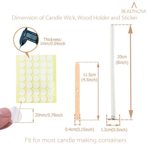 BEADNOVA Candle Wicks Set 100 Pcs 8 Inch Large Cotton Candle Wicks with 21 Pcs Wood and Metal Candle Wick Centering Decive 105 Pcs Candle Wick Stickers for Candle Making Supplies DIY