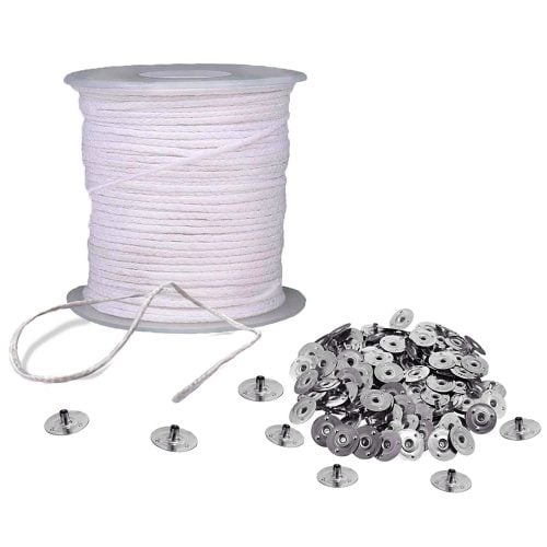 BEADNOVA Braided Candle Wick Spool with Candle Wick Base Set 200 ft Cotton Candle Wick Roll and 300pcs Candle Wick Clips Sustainer Tabs for Candle Making DIY