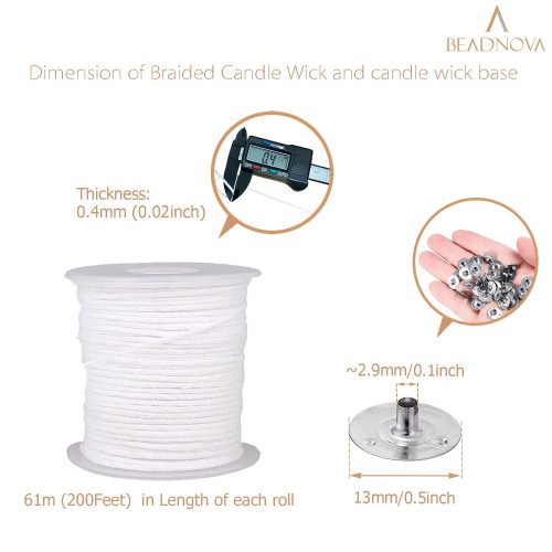 BEADNOVA Braided Candle Wick Spool with Candle Wick Base Set 200 ft Cotton Candle Wick Roll and 300pcs Candle Wick Clips Sustainer Tabs for Candle Making DIY