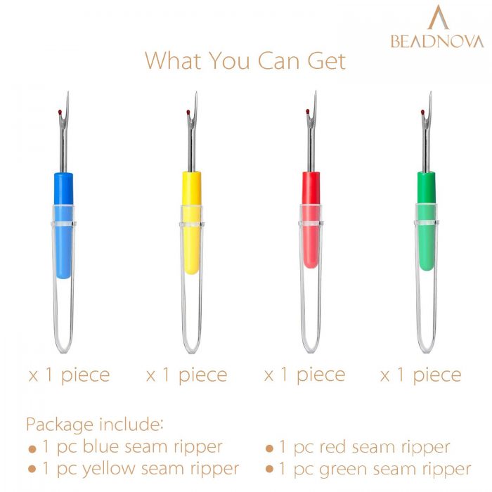 BEADNOVA Seam Ripper 4pcs Stitch Eraser Thread Cutter Small Clothes Tag Remover Seam Rippers for Sewing Crafting Thread Removing (4 Colors)