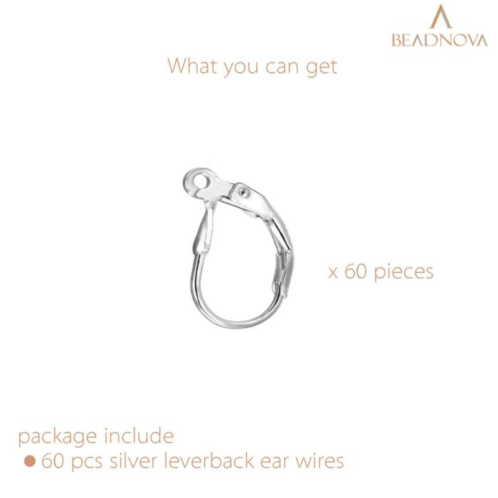 BEADNOVA Leverback Earring Hooks 60pcs French Ear Wire Lever Back Earwire for Jewelry Making Crafting (Silver)
