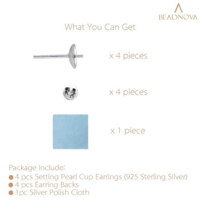 BEADNOVA 925 Sterling Silver Earring Posts 4pcs with 6mm Setting Pearl Cup Stud Earrings for Pearl Setting with Earring Backs for Jewelry Making Earring Making Earring DIY (925 Sterling Silver, 4pcs)