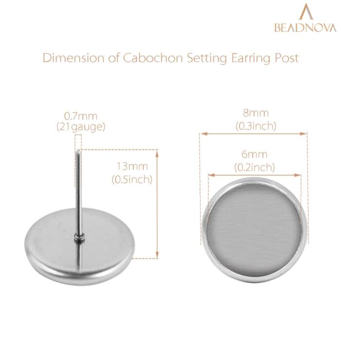 BEADNOVA Stud Earring Kit 30pcs Blank Stud Earring 6mm Stainless Steel Cabochon Setting Earring Post with Stainless Steel Earring Backs for Cabochon Resin DIY Earring Making (6mm, 30pcs)