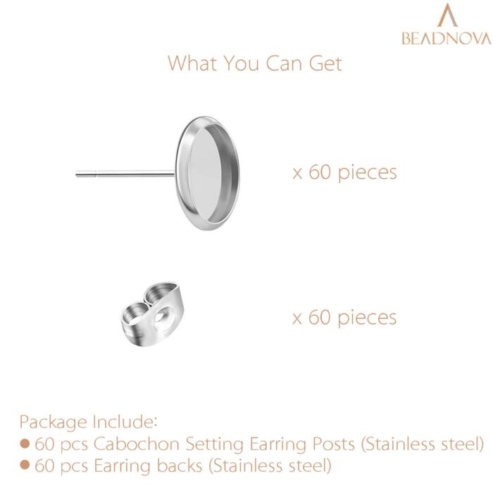 BEADNOVA Cabochon Setting Post 60pcs Blank Earring Studs 6mm Stainless Steel Cabochon Setting Ear Stud with Stainless Steel Earring Backs for Cabochon Resin DIY Earring Making (6mm, 60pcs)