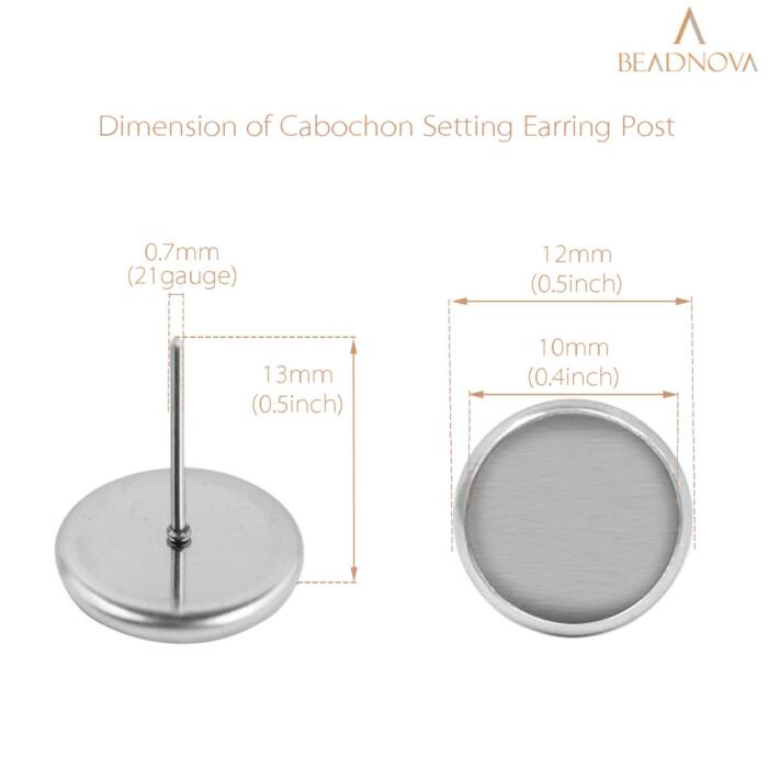 BEADNOVA Stud Earring Kit 30pcs Blank Stud Earring 10mm Stainless Steel Cabochon Setting Earring Post with Stainless Steel Earring Backs for Cabochon Resin DIY Earring Making (10mm, 30pcs)