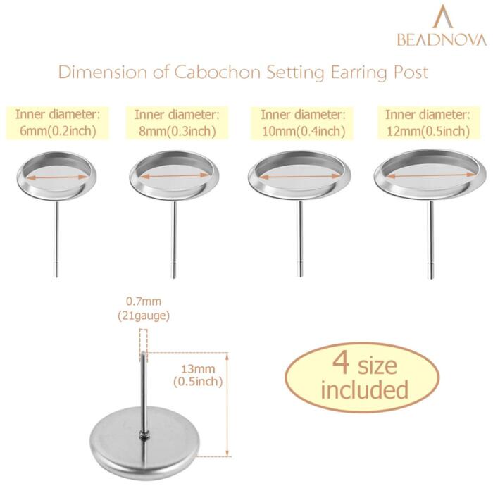BEADNOVA Cabochon Setting Post Stud Earring Kit 60pcs Stainless Steel Blank Earring Studs with Stainless Steel Earring Backs for Cabochon Resin DIY Earring Making (6-12mm, 60pcs)
