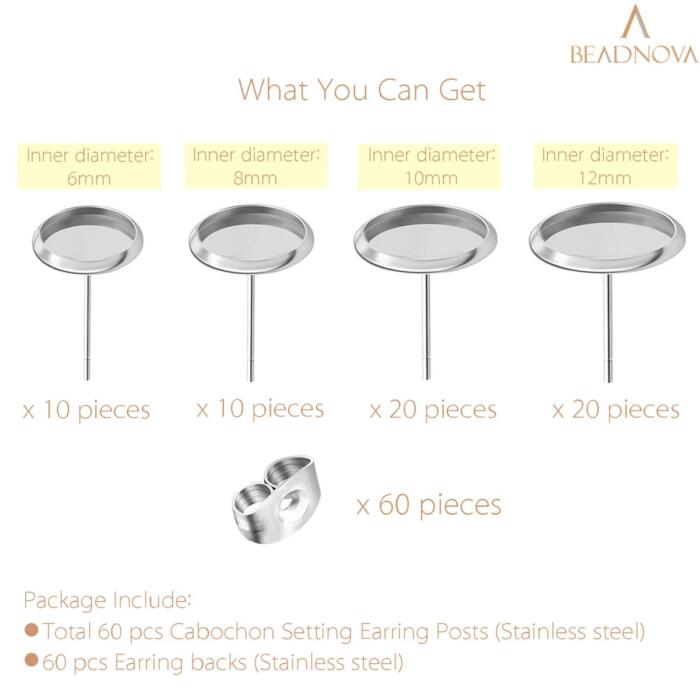 BEADNOVA Cabochon Setting Post Stud Earring Kit 60pcs Stainless Steel Blank Earring Studs with Stainless Steel Earring Backs for Cabochon Resin DIY Earring Making (6-12mm, 60pcs)