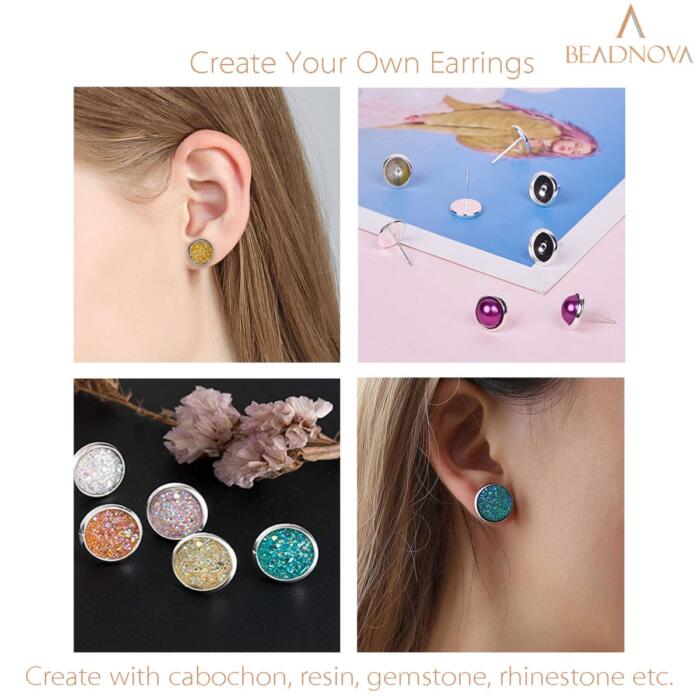 BEADNOVA Cabochon Setting Post Stud Earring Kit 60pcs Stainless Steel Blank Earring Studs with Stainless Steel Earring Backs for Cabochon Resin DIY Earring Making (6-12mm, 60pcs)