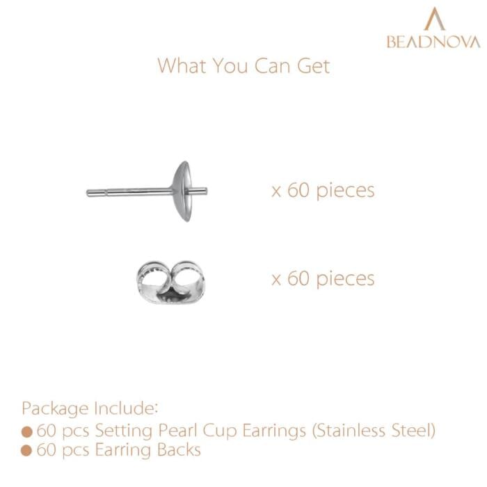 BEADNOVA Stainless Steel Earring Posts 60pcs with 6mm Setting Pearl Cup Stud Earrings for Pearl Setting with Earring Backs for Jewelry Making Earring Making Earring DIY (Stainless Steel, 60pcs)