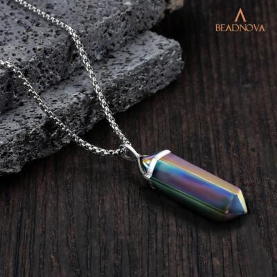 BEADNOVA Rainbow Hematite Necklace Gemstone Crystal Necklace for Women Healing Stone Pendant Jewelry for Men Pendulum Divination Hexagonal Pendant (18 Inches Stainless Steel Chain)