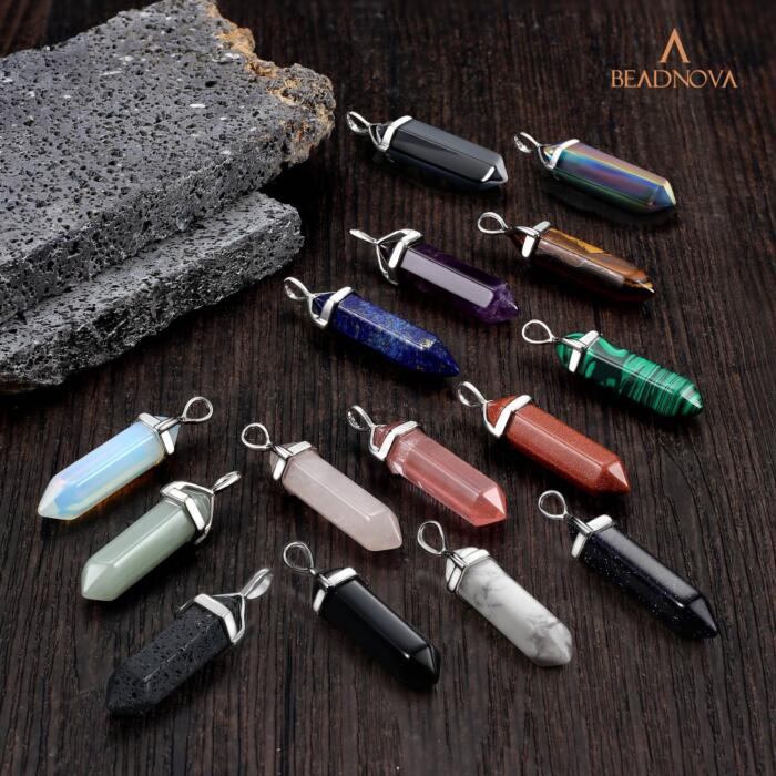 BEADNOVA Rainbow Hematite Necklace Gemstone Crystal Necklace for Women Healing Stone Pendant Jewelry for Men Pendulum Divination Hexagonal Pendant (18 Inches Stainless Steel Chain)