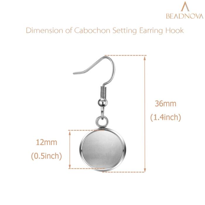 BEADNOVA Earring Kit 30pcs Blank Ear Wire Hook 12mm Stainless Steel Cabochon Setting Earring Bezel with Rubber Earring Backs for Cabochon Resin DIY Earring Making (12mm, 30pcs)