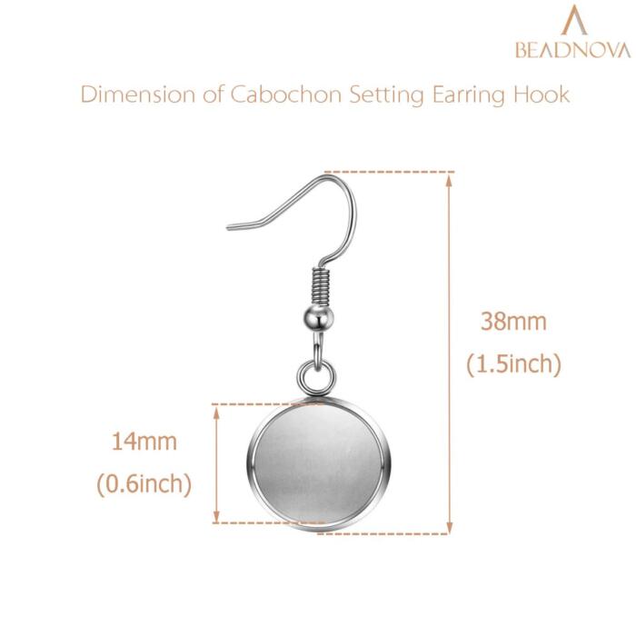 BEADNOVA Earring Kit 30pcs Blank Ear Wire Hook 14mm Stainless Steel Cabochon Setting Earring Bezel with Rubber Earring Backs for Cabochon Resin DIY Earring Making (14mm, 30pcs)
