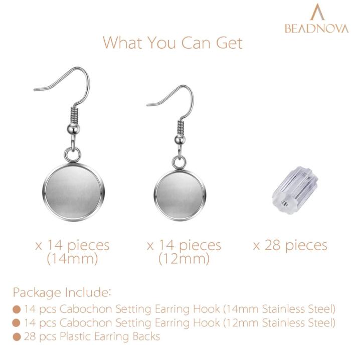 BEADNOVA Cabochon Setting Ear Wire Earring Kit 28pcs Stainless Steel Blank Earring Bezel with Rubber Earring Backs for Cabochon Resin DIY Earring Making (12-14mm, 28pcs)