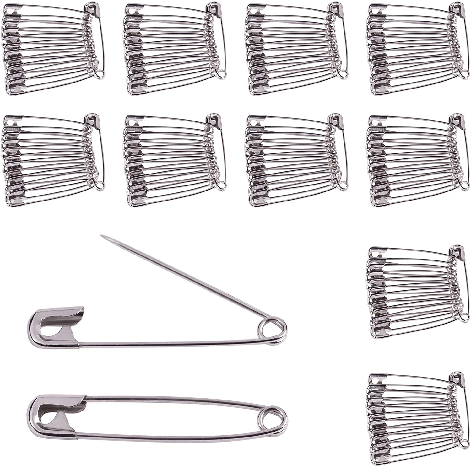 100Pc Silver Safety Pins Assorted Sizes Small Textiles Hemming & Crafts Large for Clothes Altering 