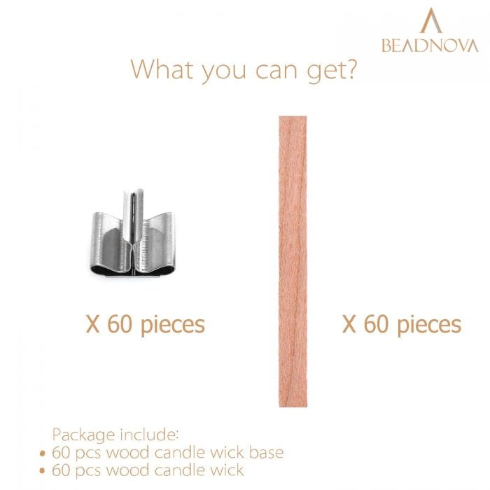 BEADNOVA Wooden Wicks with Clips for DIY Candles 60pcs Wooden Thick Candle Wicks Crackling Wood Wicks with Iron Stand Wooden Wicks for Candles Making