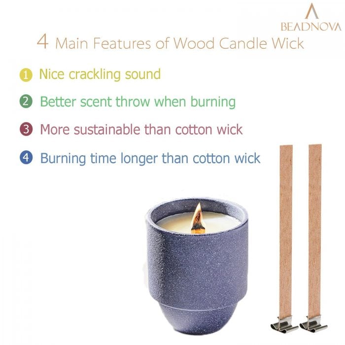 BEADNOVA Wooden Wicks with Clips for DIY Candles 60pcs Wooden Thick Candle Wicks Crackling Wood Wicks with Iron Stand Wooden Wicks for Candles Making