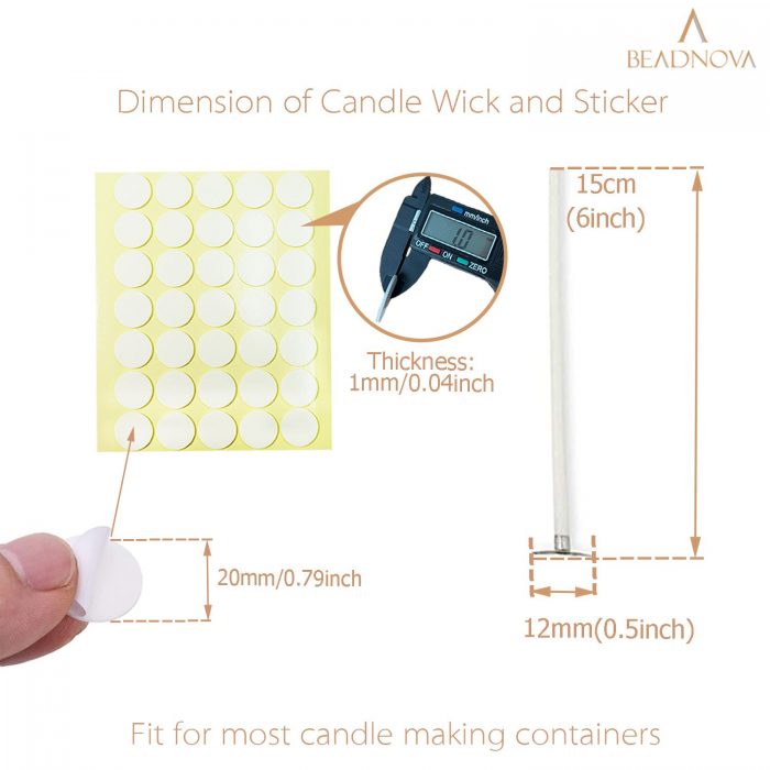 BEADNOVA Cotton Candle Wicks with Double Sized Candle Stickers for Candle Making Supplies (Large, 6 Inch, 100pcs)