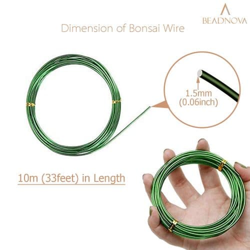 BEADNOVA Bonsai Training Wire 33 Feet Green Plant Training Wire Aluminum Bonsai Tree Wire for Bonsai Plant Training (Green, 1.5mm, 30m)