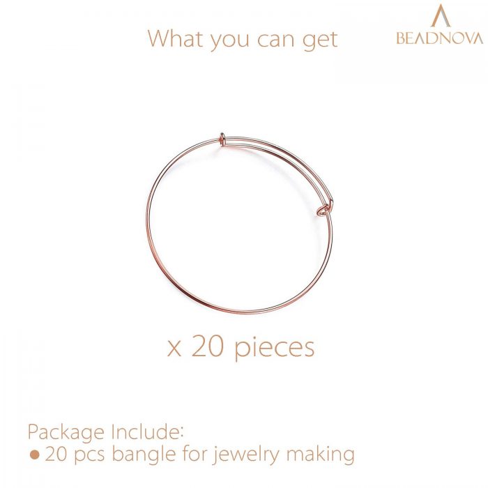 BEADNOVA Bangles for Jewelry Making 20 Pcs Rose Gold Adjustable Bangles Expandable Bracelets for Jewelry Making DIY Craft (Rose Gold, 20pcs)
