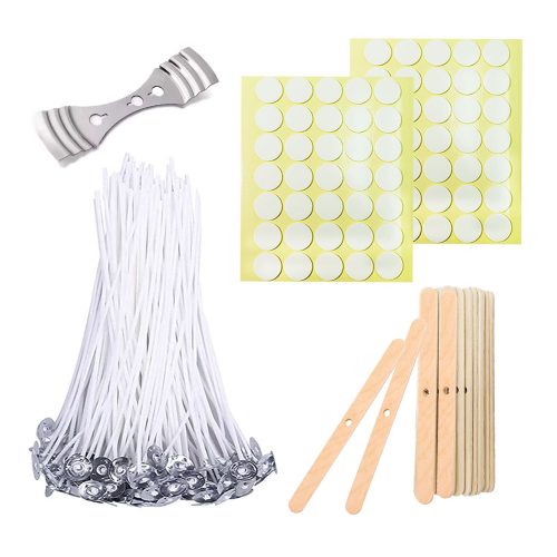 BEADNOVA Candle Wicks Set 50 Pcs 4 Inch Candle Cotton Wicks with 21 Pcs Wooden and Metal Candle Wick Centering Tool 70 Pcs Candle Wick Stickers for Candle Making Supplies DIY