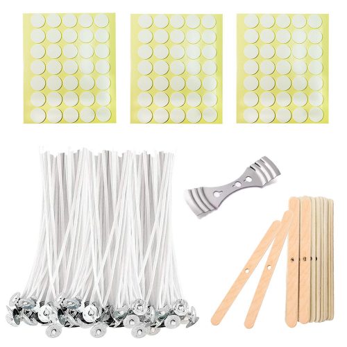 BEADNOVA Candle Wicks Set 100 Pcs 4 Inch Candle Cotton Wicks with 21 Pcs Wooden and Metal Candle Wick Centering Tool 105 Pcs Candle Wick Stickers for Candle Making Supplies DIY