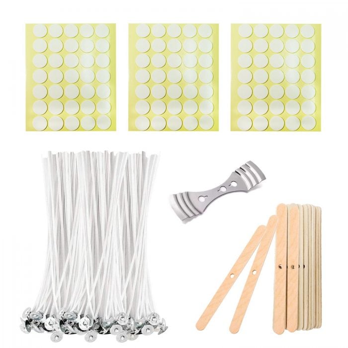 BEADNOVA Candle Wicks Set 100 Pcs 6 Inch Candle String Cotton Wicks with 21 Pcs Wooden and Metal Candle Wick Holders 105 Pcs Candle Wick Stickers for Candle Making Supplies DIY