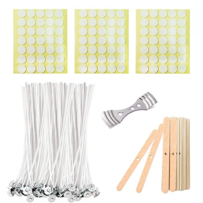BEADNOVA Candle Wicks Set 100 Pcs 8 Inch Large Cotton Candle Wicks with 21 Pcs Wood and Metal Candle Wick Centering Decive 105 Pcs Candle Wick Stickers for Candle Making Supplies DIY