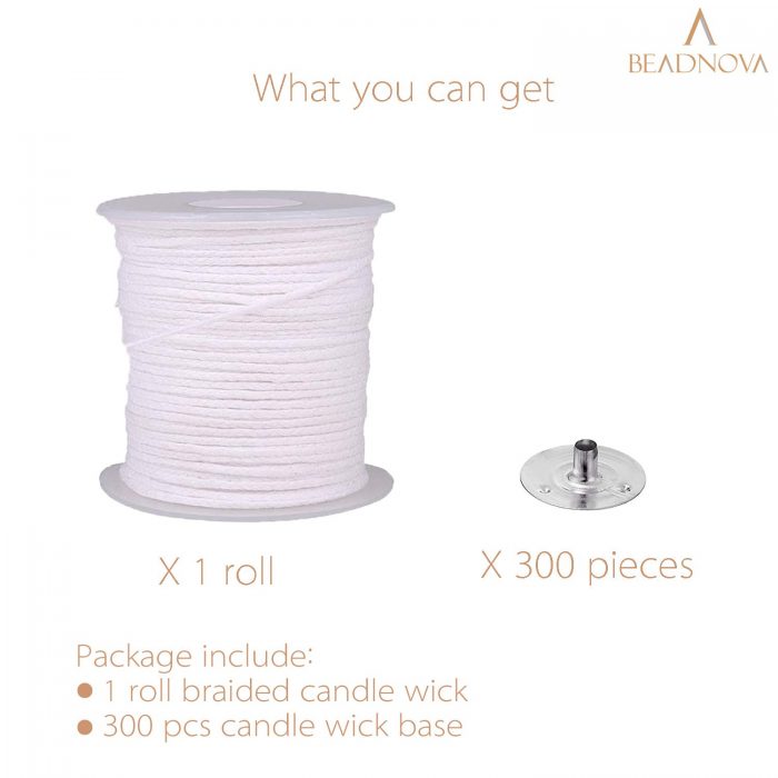 BEADNOVA Braided Candle Wick Spool with Candle Wick Base Set 200 ft Cotton Candle Wick Roll and 300pcs Candle Wick Clips Sustainer Tabs for Candle Making DIY