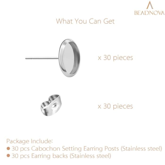 BEADNOVA Stud Earring Kit 30pcs Blank Stud Earring 8mm Stainless Steel Cabochon Setting Earring Post with Stainless Steel Earring Backs for Cabochon Resin DIY Earring Making (8mm, 30pcs)